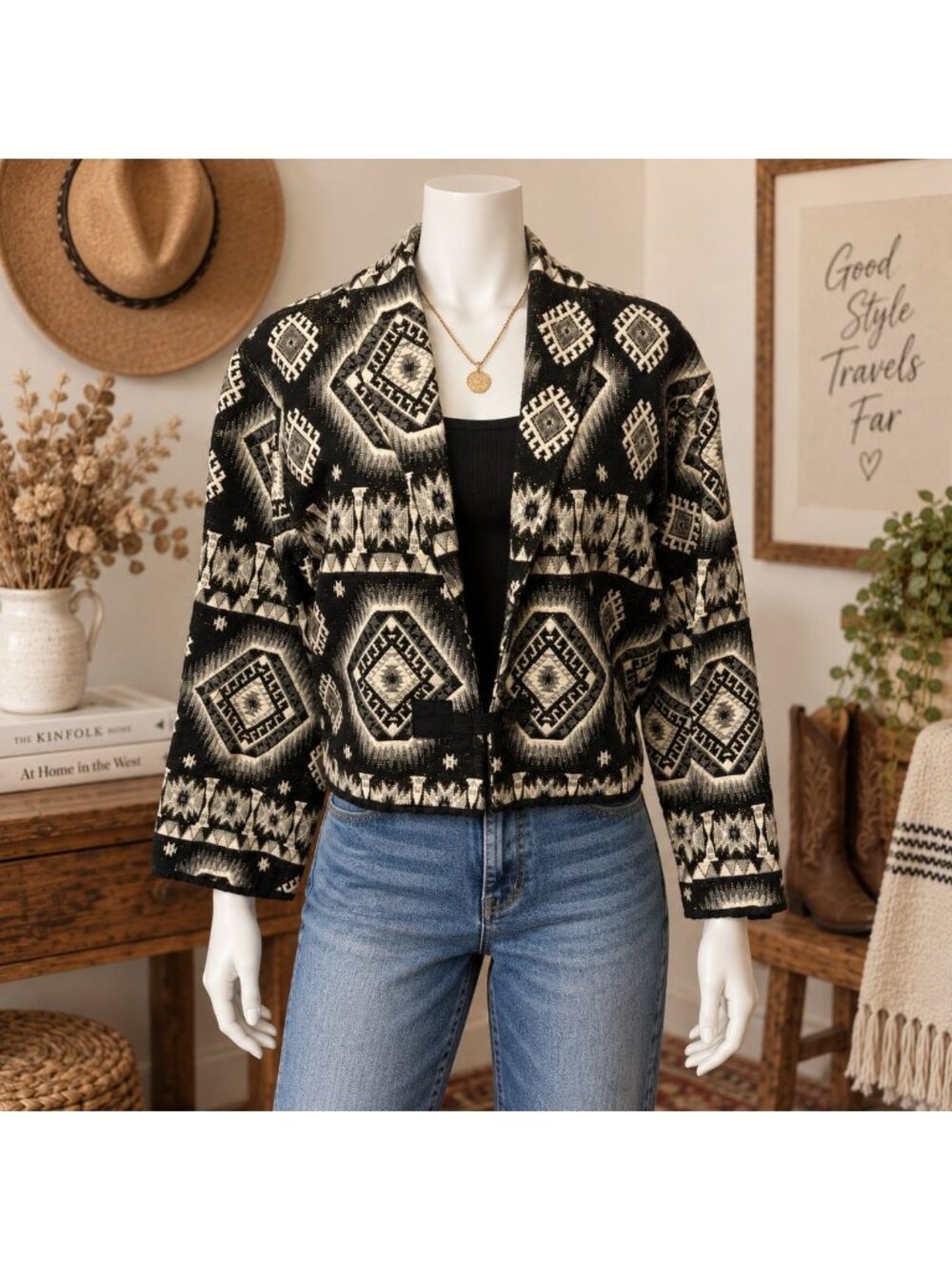 Vintage Flashback Tapestry Jacket Womens L Western Geometric Cotton Black Cream